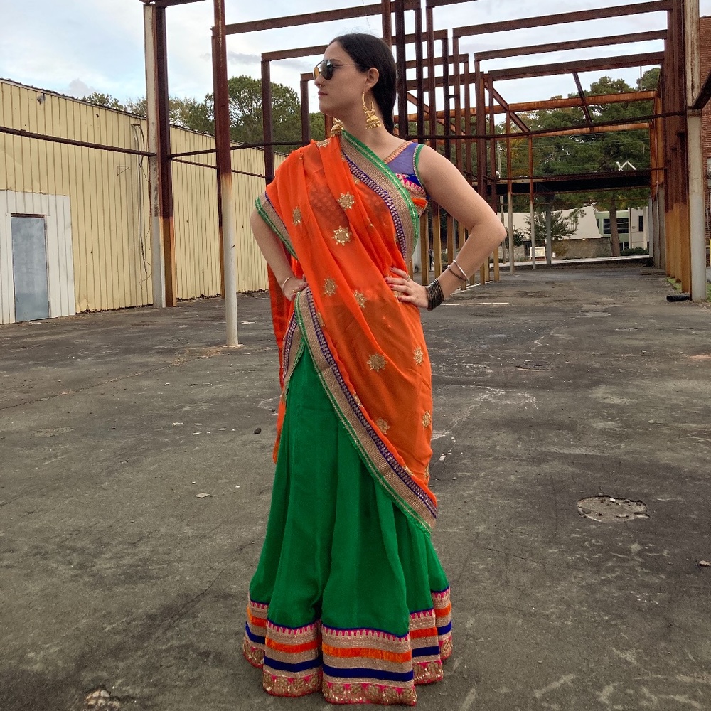 Half Saree, Size M, Lehenga, Green and Orange